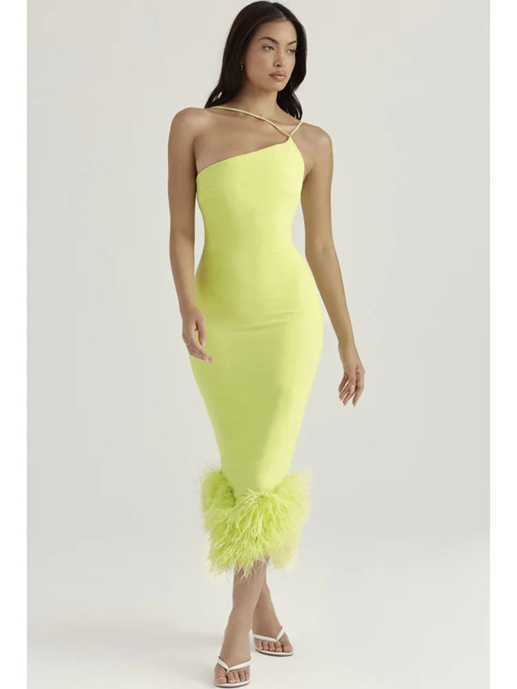 Spaghetti Strap Feather Backless Bodycon Midi Dress Rown