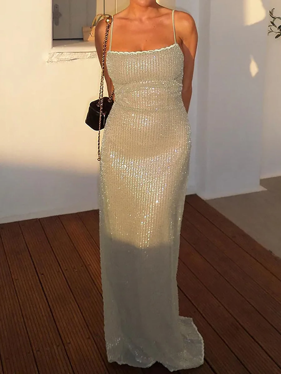 Spaghetti Strap Glitter Sparkle Maxi Dress Rown