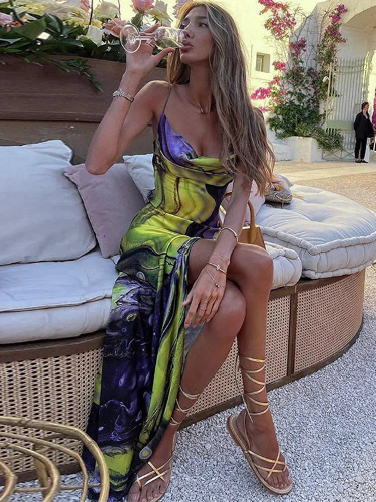 Spaghetti Strap Print Bodycon High Split Maxi Dress Rown