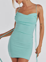 Spaghetti Strap Backless Ruched Bodycon Mini Dress - Rown