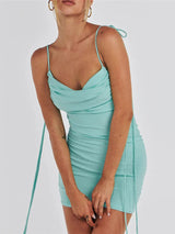 Spaghetti Strap Backless Ruched Bodycon Mini Dress - Rown