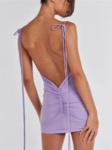 Spaghetti Strap Backless Ruched Bodycon Mini Dress - Rown