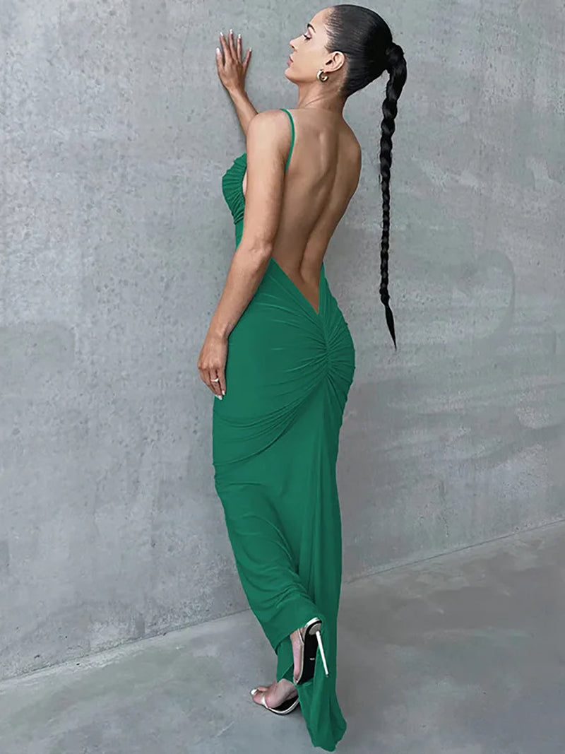 Spaghetti Strap Backless Ruched Maxi Dress - Rown