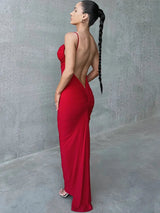 Spaghetti Strap Backless Ruched Maxi Dress - Rown