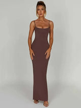 Spaghetti Strap Backless Thickened Fabric Maxi Dress - Rown