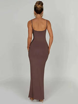 Spaghetti Strap Backless Thickened Fabric Maxi Dress - Rown