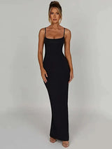 Spaghetti Strap Backless Thickened Fabric Maxi Dress - Rown