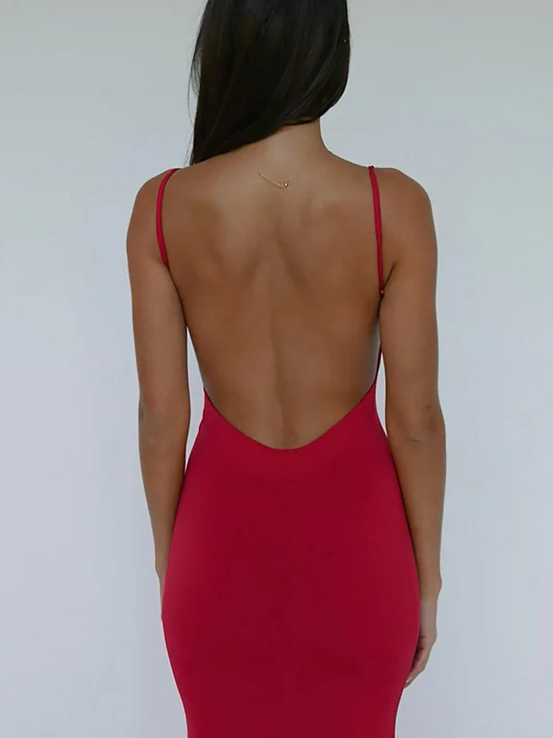 Spaghetti Strap Beach Bodycon Backless Maxi Dress - Rown