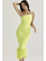 Spaghetti Strap Feather Backless Bodycon Midi Dress - Rown