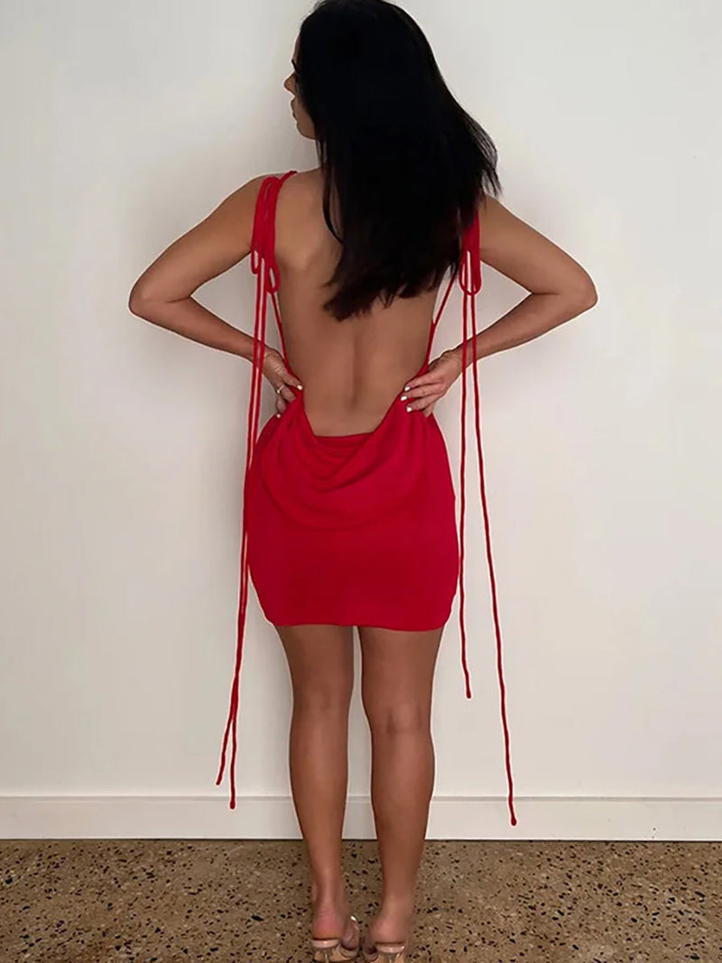 Spaghetti Strap Off-shoulder Backless Mini Dress - Rown