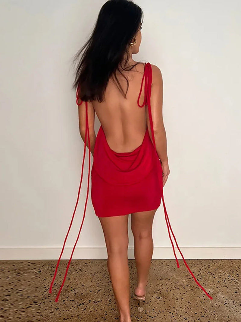 Spaghetti Strap Off-shoulder Backless Mini Dress - Rown