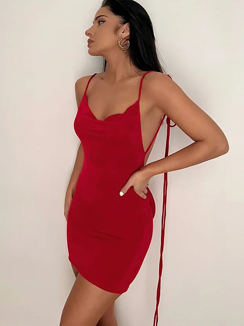 Spaghetti Strap Off-shoulder Backless Mini Dress - Rown