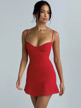 Spaghetti Strap Sleeveless Backless Slim Mini Dress - Rown