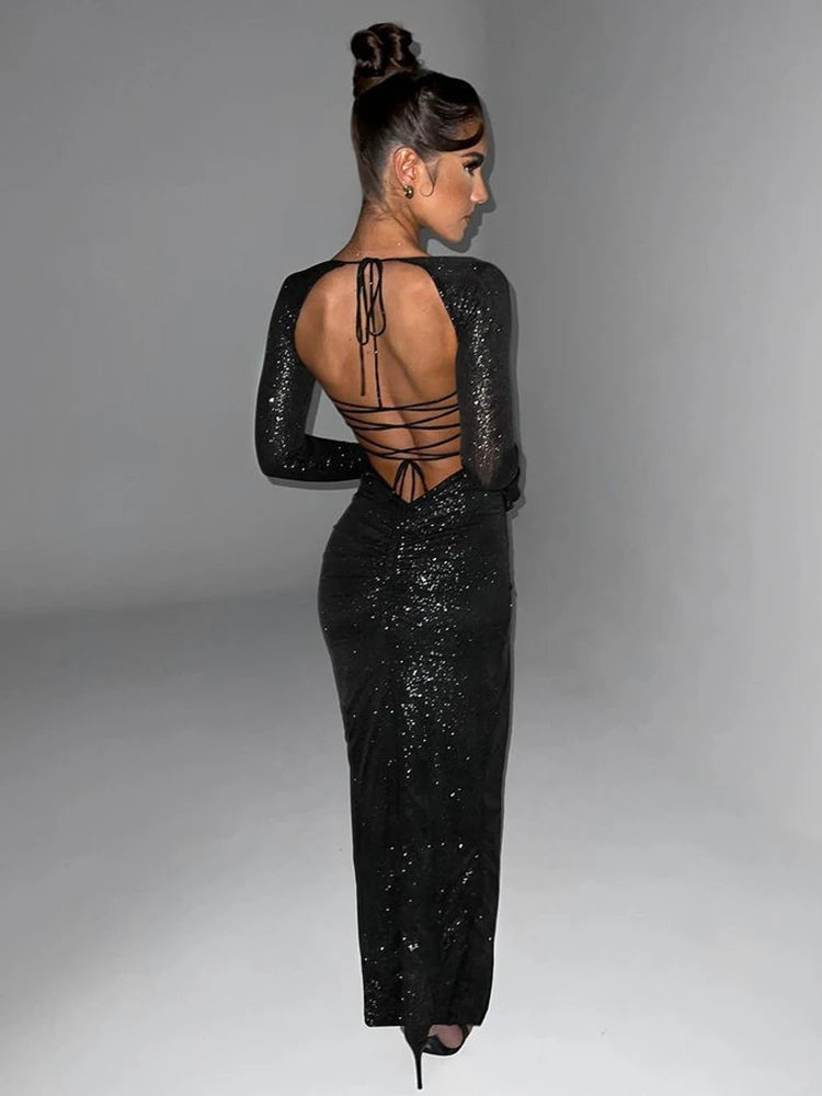 Sparkle Mesh High Split Backless Maxi Dress Rown