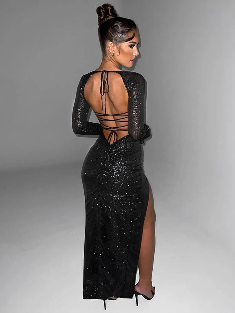 Sparkle Mesh High Split Backless Maxi Dress Rown