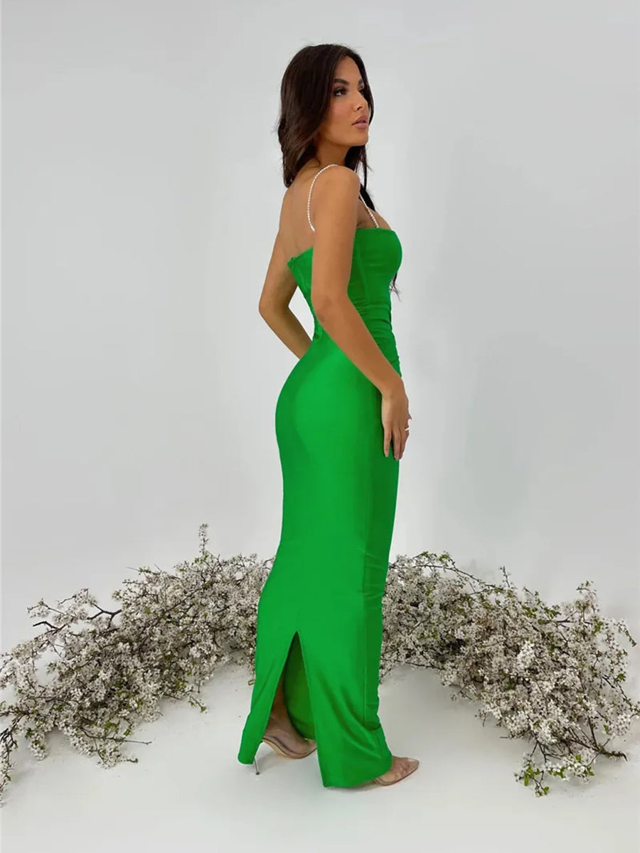 Sparkle Spaghetti Strap Ruched Backless Bodycon Maxi Dress Rown