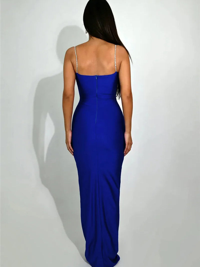 Sparkle Spaghetti Strap Ruched Backless Bodycon Maxi Dress Rown