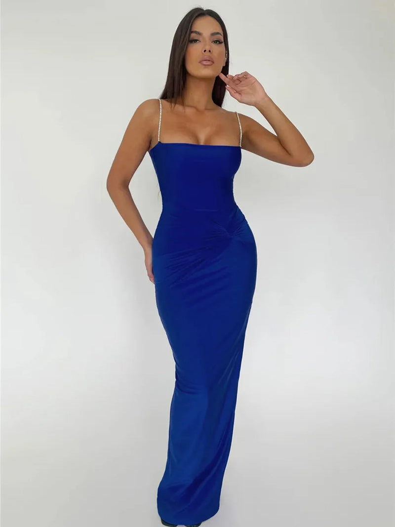 Sparkle Spaghetti Strap Ruched Backless Bodycon Maxi Dress - Rown