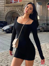 Square-Neck Long Sleeve Solid Backless Mini Dress Rown