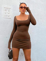 Square-Neck Long Sleeve Solid Backless Mini Dress Rown