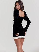 Square Neck Contrast Color Temperament Long Sleeve Mini Dress - Rown