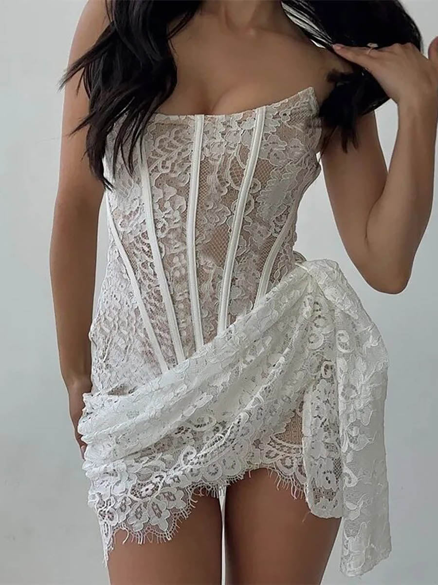 Strapless Lace Backless Sleeveless Irregular Mini Dress Rown