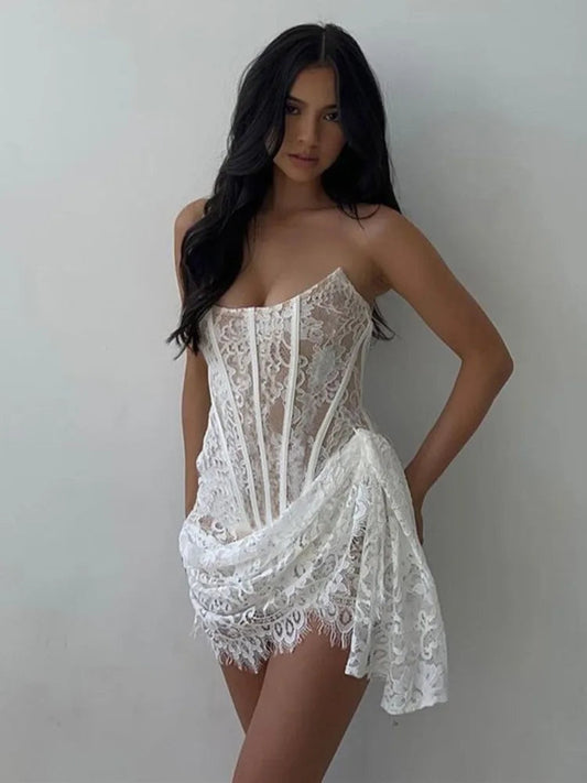 Strapless Lace Backless Sleeveless Irregular Mini Dress Rown