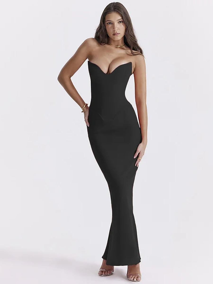 Strapless Off-shoulder Gown Fishbone Maxi Dress Rown