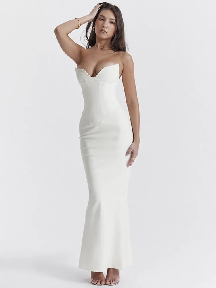 Strapless Off-shoulder Gown Fishbone Maxi Dress Rown