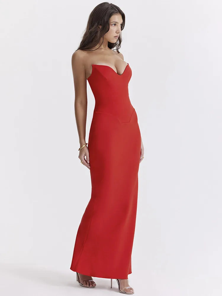 Strapless Off-shoulder Gown Fishbone Maxi Dress Rown