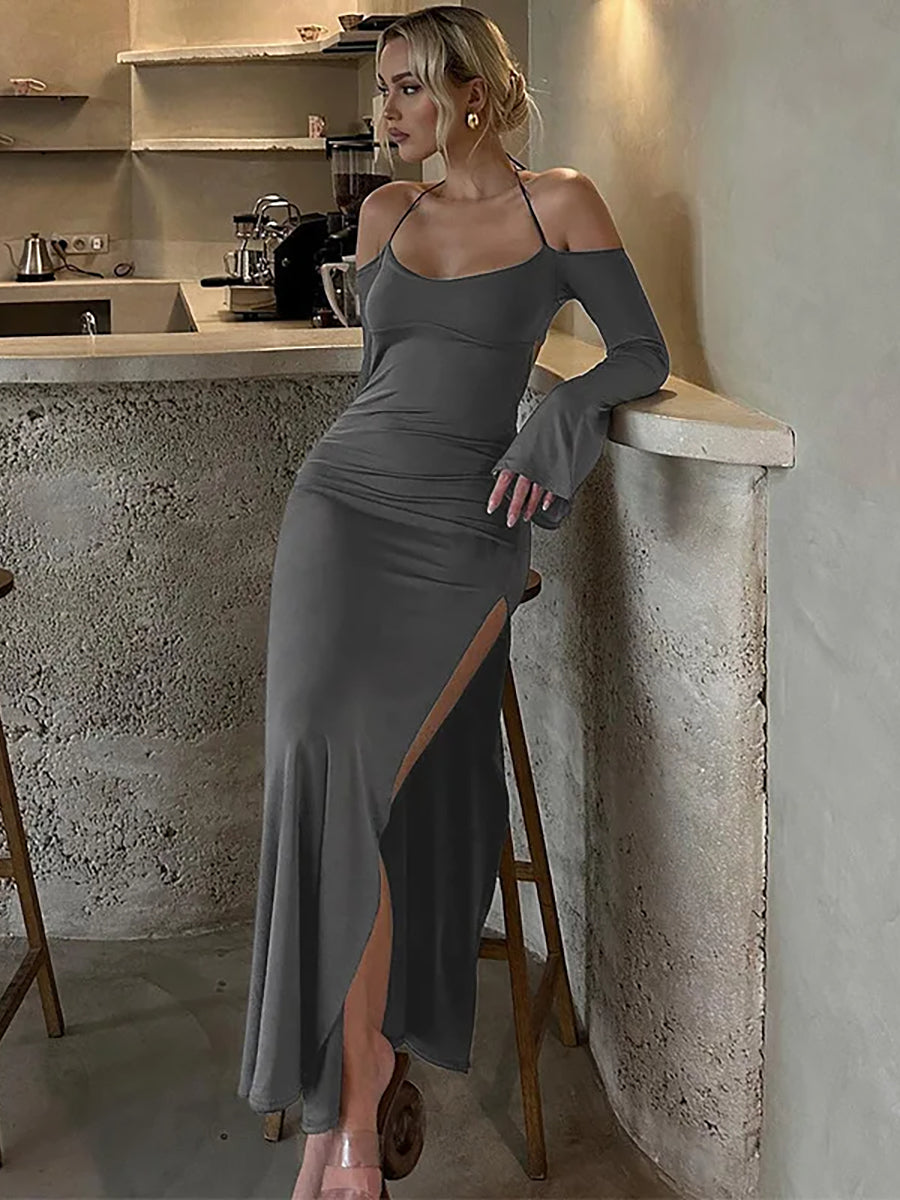 Strapless Off-shoulder Gray Long Sleeve Maxi Dress Rown