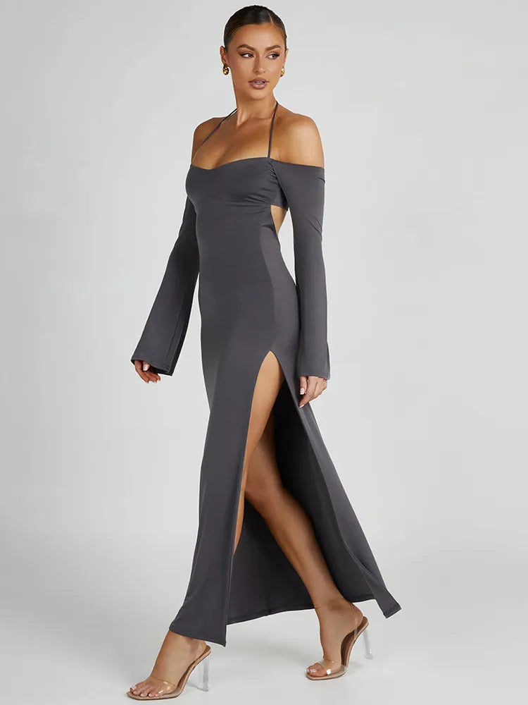 Strapless Off-shoulder Gray Long Sleeve Maxi Dress Rown