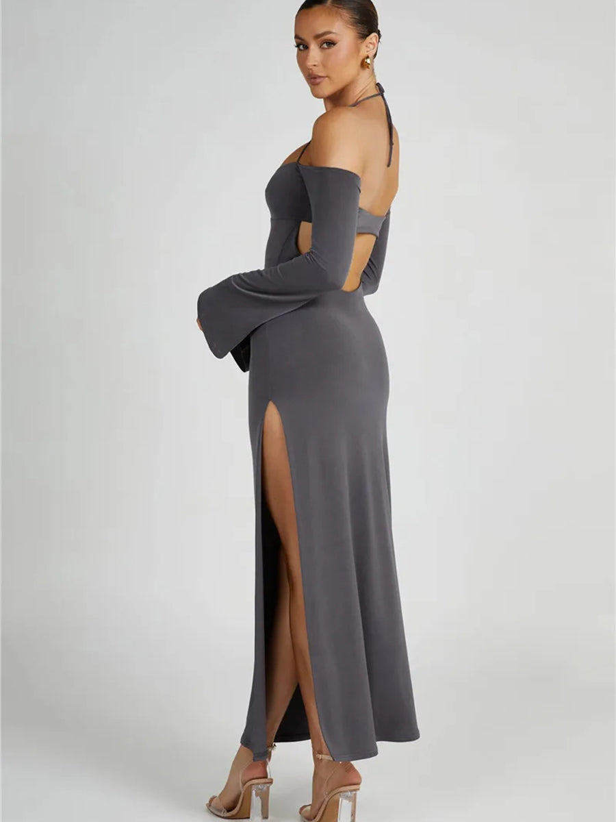 Strapless Off-shoulder Gray Long Sleeve Maxi Dress Rown