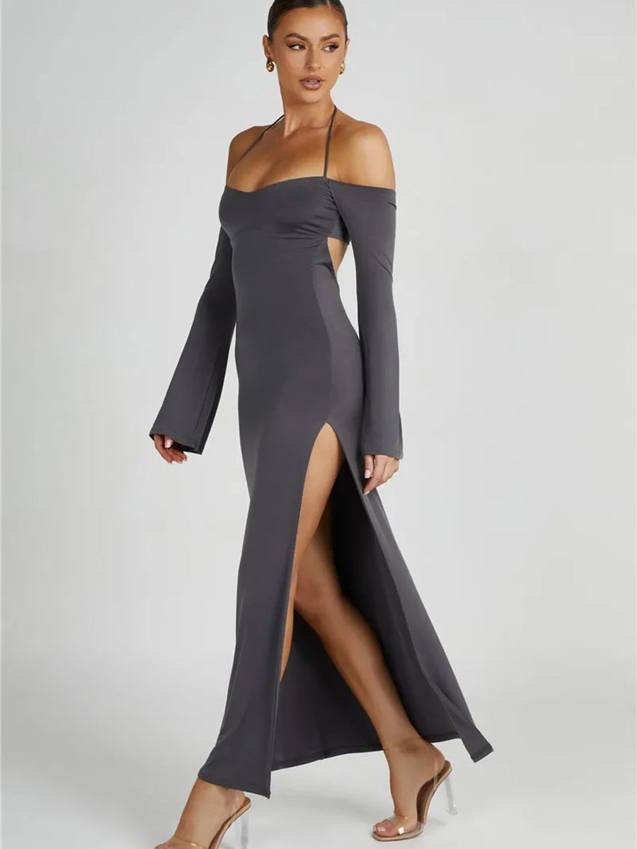 Strapless Off-shoulder Gray Long Sleeve Maxi Dress Rown