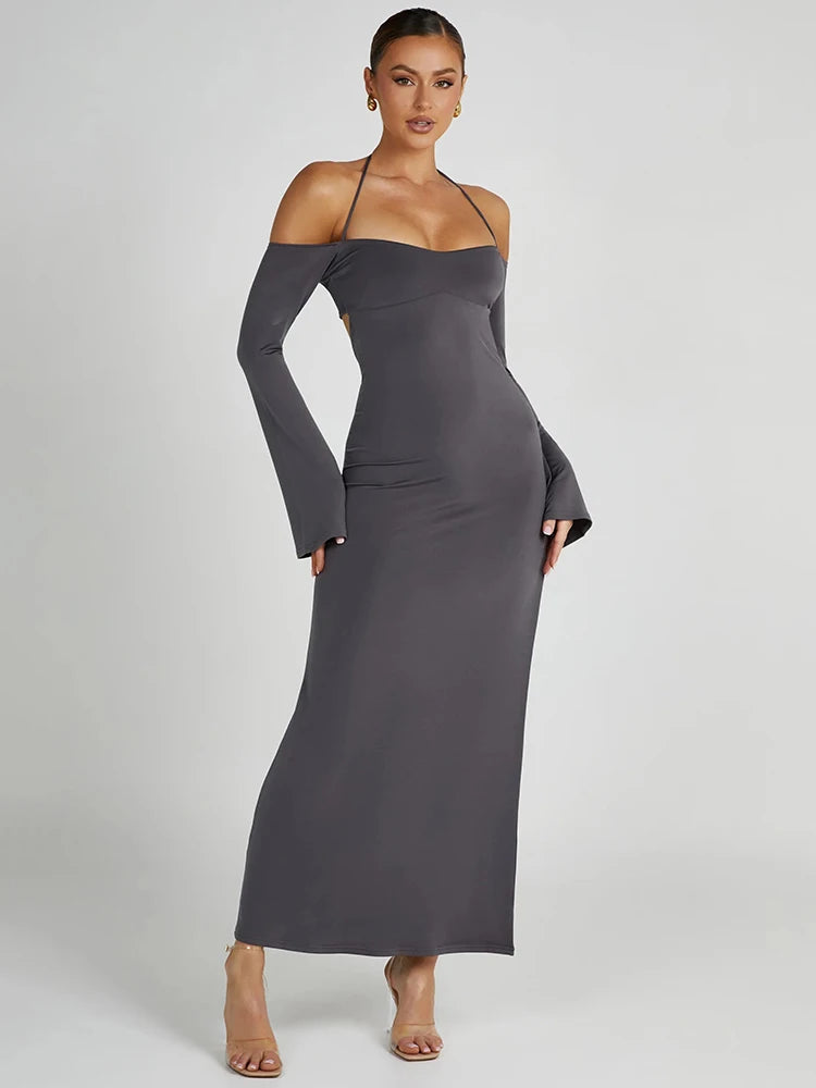 Strapless Off-shoulder Gray Long Sleeve Maxi Dress Rown