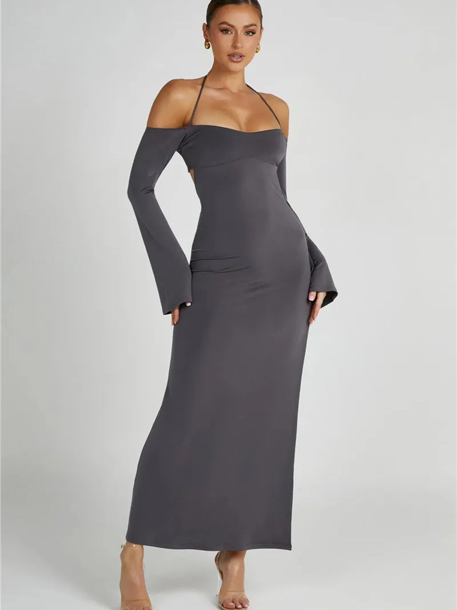 Strapless Off-shoulder Gray Long Sleeve Maxi Dress Rown