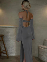 Strapless Off-shoulder Gray Long Sleeve Maxi Dress Rown