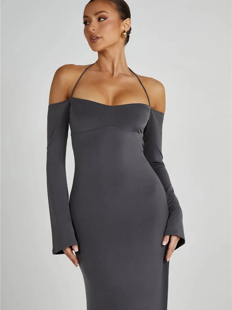 Strapless Off-shoulder Gray Long Sleeve Maxi Dress Rown