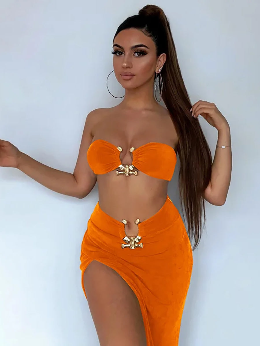 Strapless Sleeveless Crop Top Skirt Two Piece Set Rown