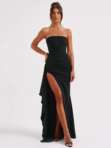 Strapless Backless High Split Bodycon Maxi Dress - Rown