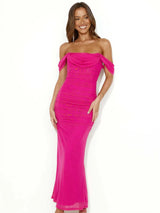 Strapless Mesh Backless Evening  Maxi Dress - Rown