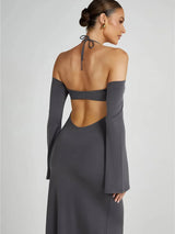 Strapless Off-shoulder Gray Long Sleeve Maxi Dress - Rown