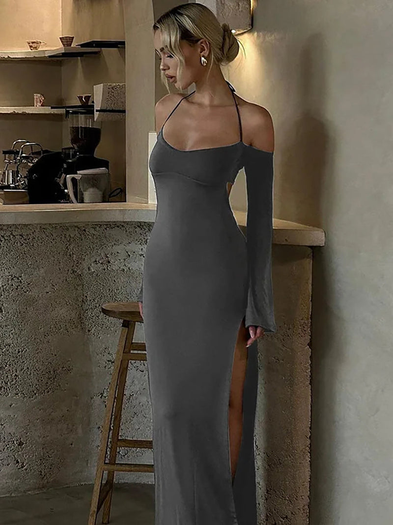 Strapless Off-shoulder Gray Long Sleeve Maxi Dress - Rown