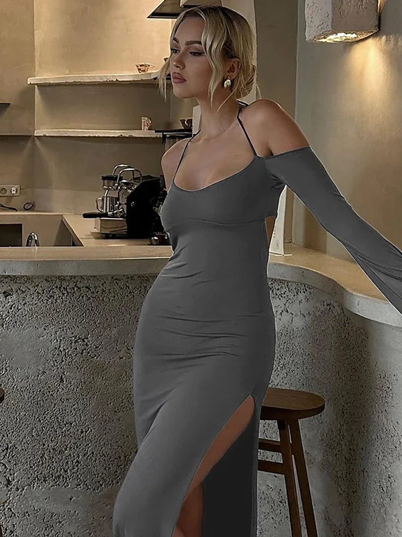 Strapless Off-shoulder Gray Long Sleeve Maxi Dress - Rown