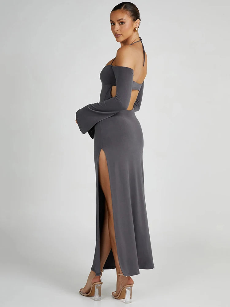 Strapless Off-shoulder Gray Long Sleeve Maxi Dress - Rown