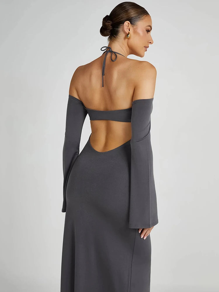 Strapless Off-shoulder Gray Long Sleeve Maxi Dress - Rown