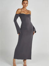 Strapless Off-shoulder Gray Long Sleeve Maxi Dress - Rown