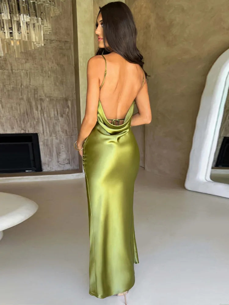 Stretch Satin Backless High Split Maxi Dress Rown