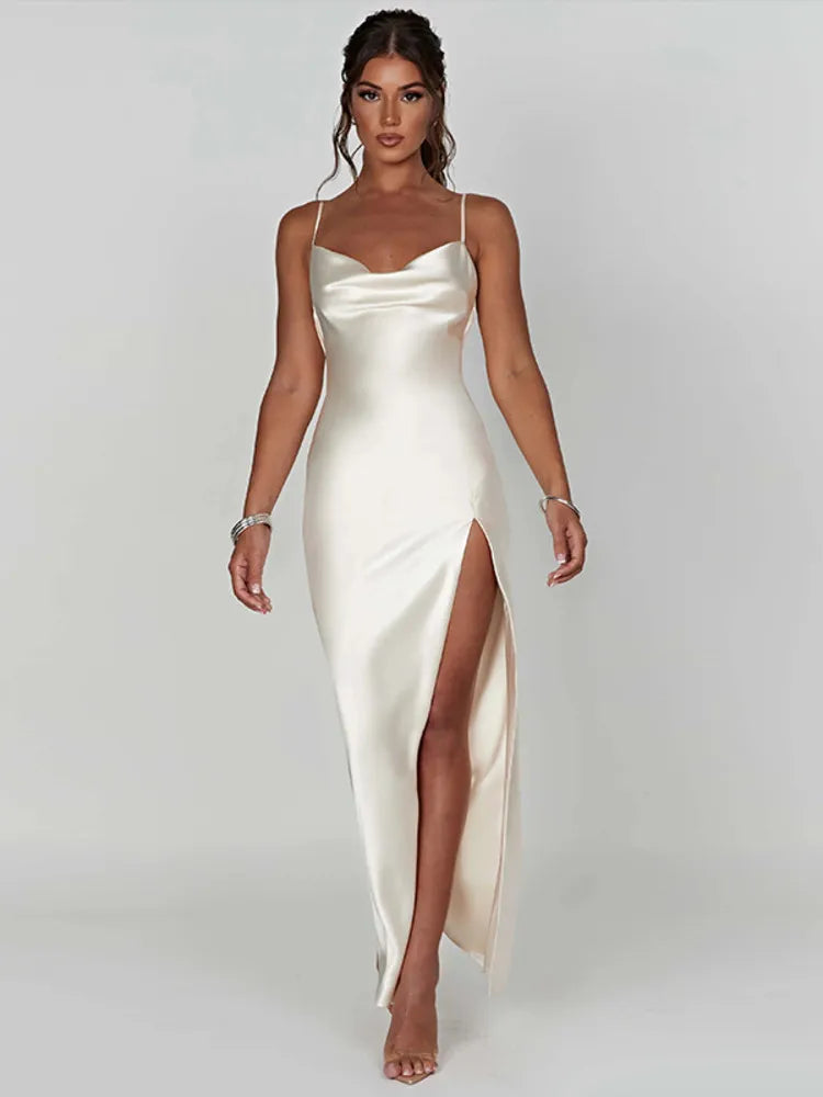 Stretch Satin Backless High Split Maxi Dress Rown