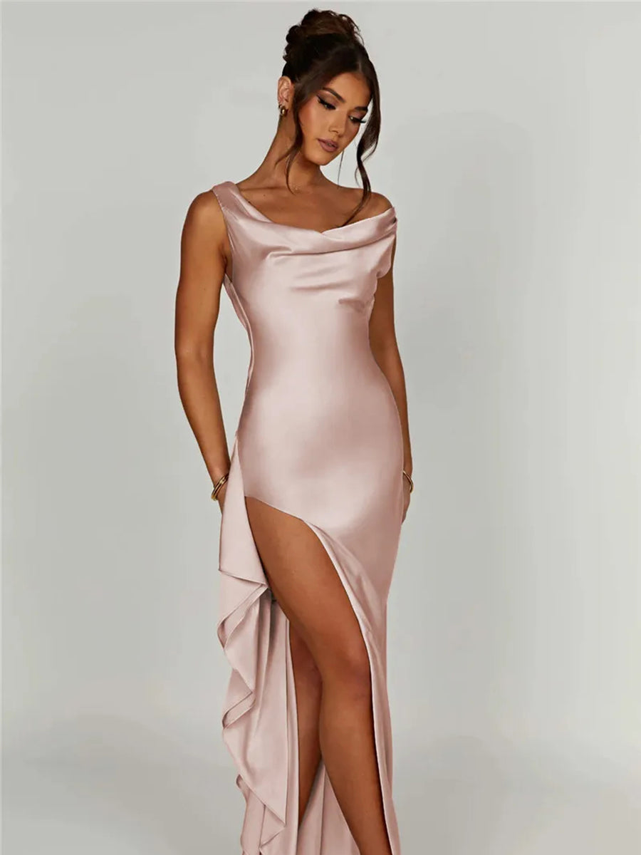 Stretch Satin V Neck Sleeveless Backless Split Maxi Dress Rown